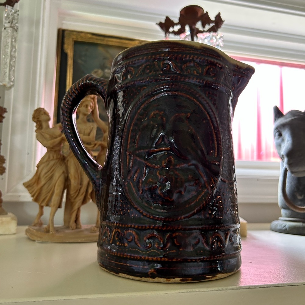 Antique Hull brown salt glazed pitcher birds, farmhouse